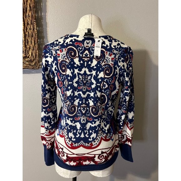 Talbots Womens Sweater Red Blue Ivory S Small Merino Wool NWT $99 - Picture 2 of 7